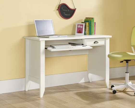 white computer desk with keyboard tray